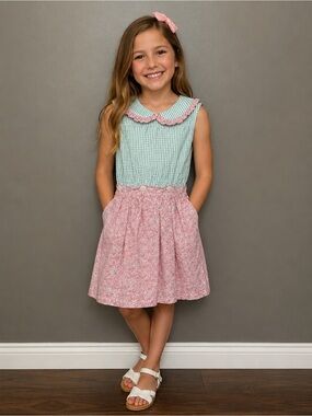 Alice Kathleen & Company Girls Pink Floral & Mint Gingham Dress